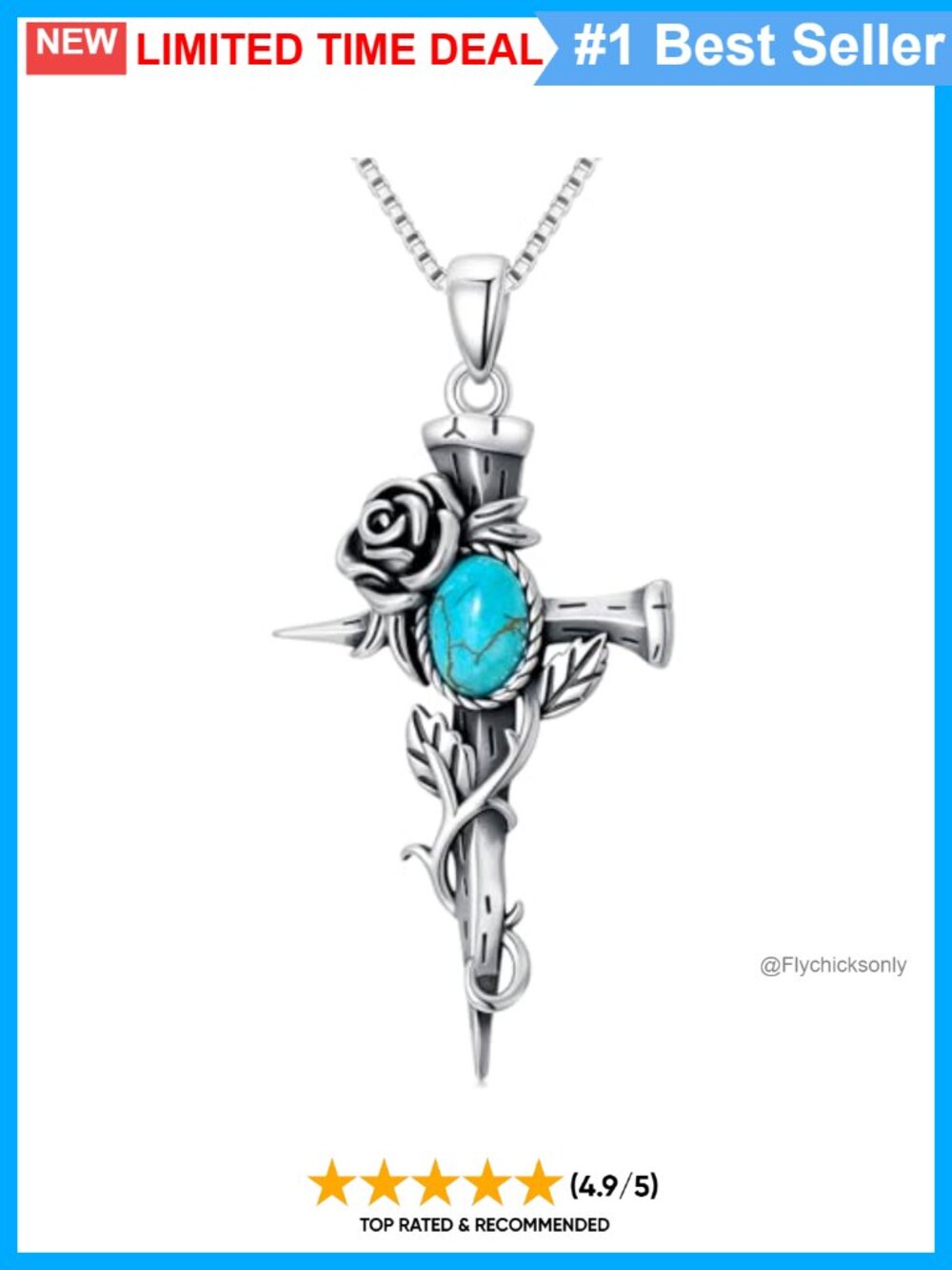 Genuine Turquoise Cross Roses Pendant Necklace Sterling Silver Rhodium Plated